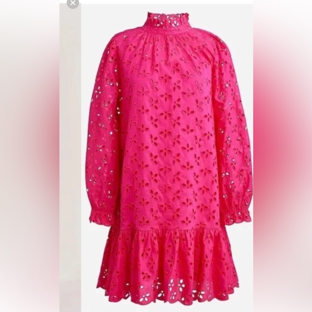 J. Crew - Ruffleneck Mini Eyelet Dress - Vibrant Pink (S)
